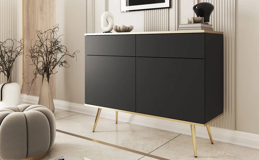 Preisknaller Schubladenkommode Luxury107 cm schwarz modernes Design Wohnzimmer Kommode Körper mit Gold trim Metall Gold Beine gekrönt