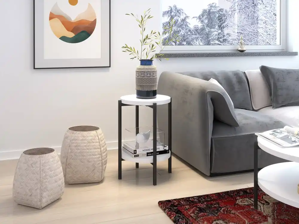 Mega-Angebot Runder Couchtisch 44 cm Sampi weiß mit zusätzlicher Ablage Licht Design solide Metallbasis reizvolle Dekoration jedes Interieur