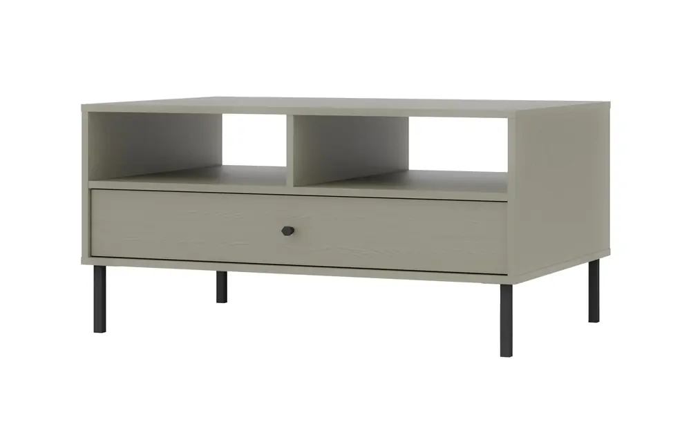 Markenware Kioto II Eukalyptus Couchtisch mit Schublade elegantes Design mit Metallbeinen in schwarz subtilen Griff verstärkt