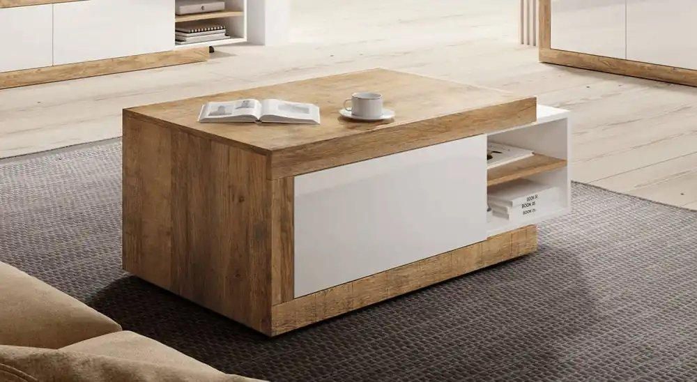 Top-Angebot Couchtisch Sintra 120 cm / 153 cm Eiche samdal / weiß glänzend Originaldesign Breite verstellbarer Tisch