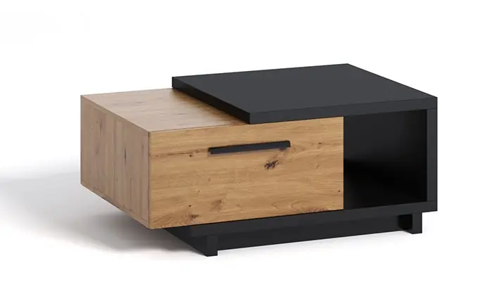 Couchtisch mit Schublade 90 cm Simi Eiche artisan / schwarz modernes Design asymmetrischer Korpus auslaufsichere Platte Markenware