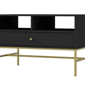 Kioto III Couchtisch schwarz graphit mit Schublade elegante Konstruktion verstärkt mit Metallrahmen in Gold Farbe subtilen Griff Geprüft