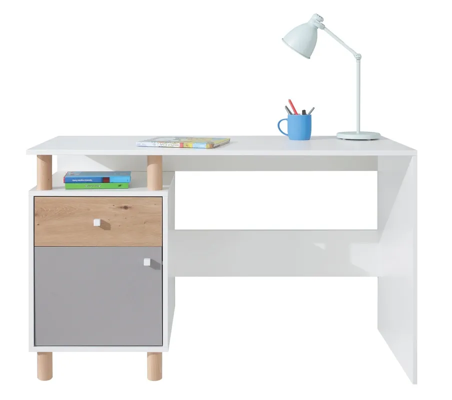 Schreibtisch mit Schublade Beja 125 cm weiß / Eiche artisan / grau ideal für das Jugendzimmer Originalfarben Highlight