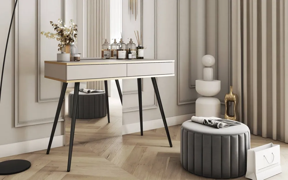 Mega-Angebot Luxuriöse beige Konsole mit Schubladen stilvolle und elegante Schminktisch auf hohen schwarzen Beinen Körper mit goldenen trim gekrönt unterstützt
