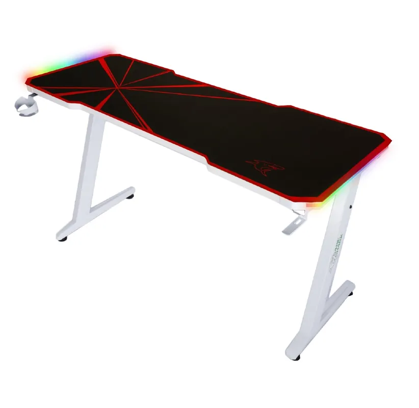 Neue Ware Zeo Gaming-Schreibtisch weiß / rot Designer und ergonomische Schreibtisch rutschfeste Carbonplatte vollständig mit Pad LED-Beleuchtung abgedeckt