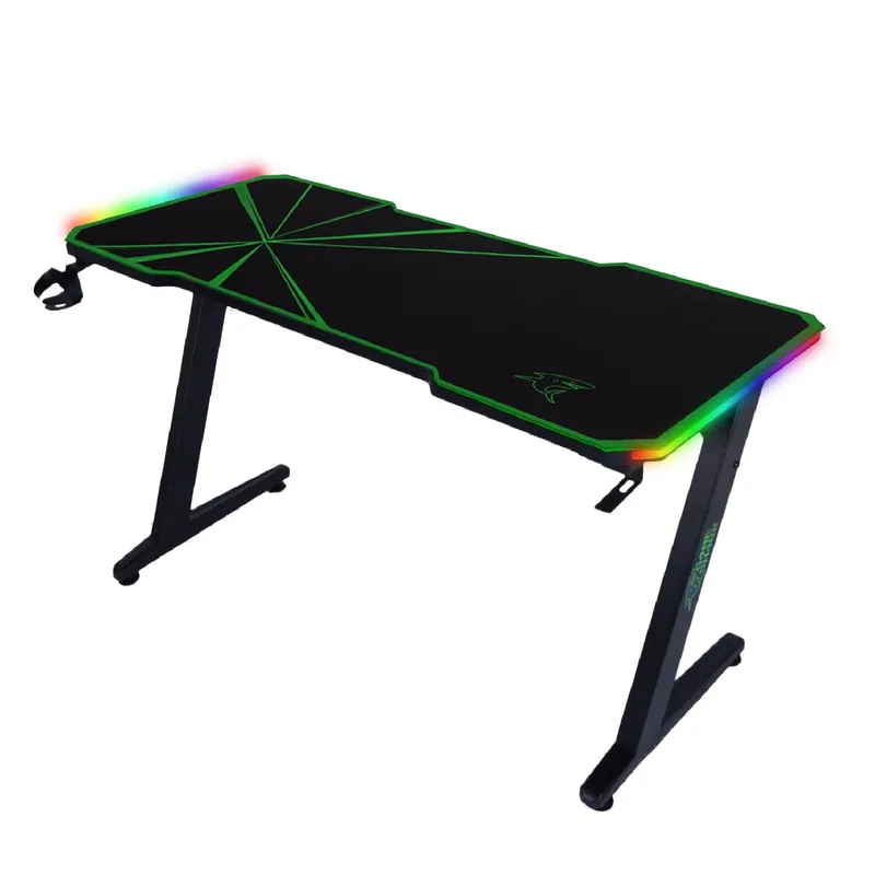 Zeo Gaming-Schreibtisch schwarz / grün Designer-Schreibtisch rutschfeste Carbonplatte voll gepolstert LED-Beleuchtung Top-Angebot