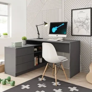 Highlight Eckschreibtisch Teo 138 cm in Graphit bietet viel Platz zum Arbeiten und viel Raum für die notwendigen beschädigungssicheren Gegenstände