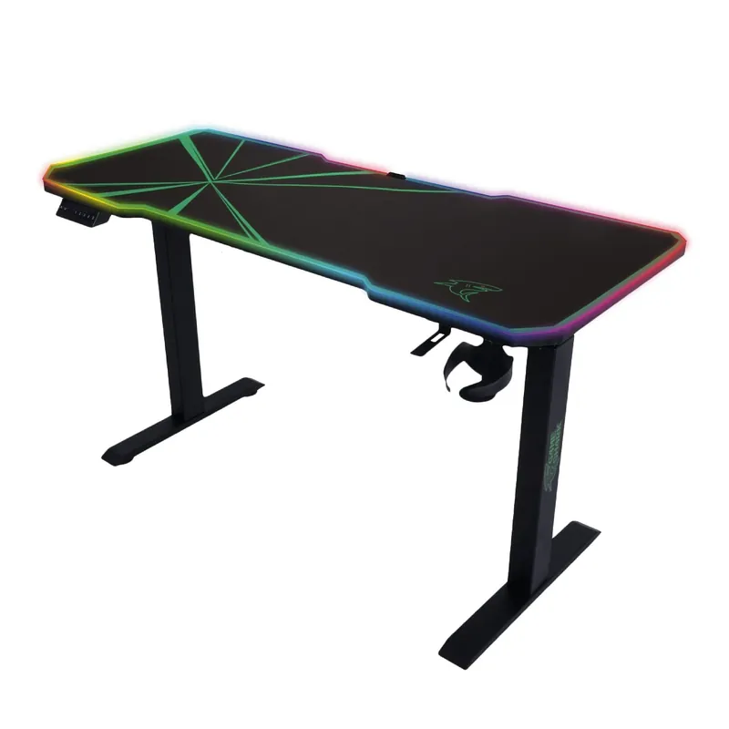 Super-Preis E-Talisman Gaming-Schreibtisch schwarz / grün höhenverstellbare Platte vollständig mit Pad mit LED-Beleuchtung abgedeckt