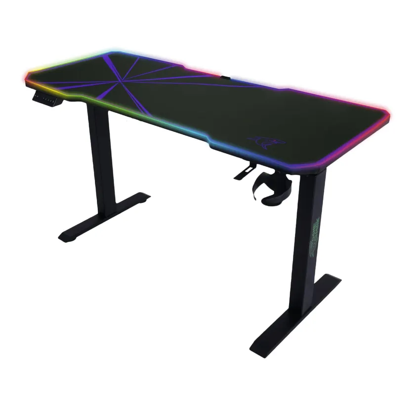 E-Talisman Gaming-Schreibtisch schwarz / lila höhenverstellbare Tischplatte komplett mit Polsterung mit LED-Beleuchtung Neue Ware