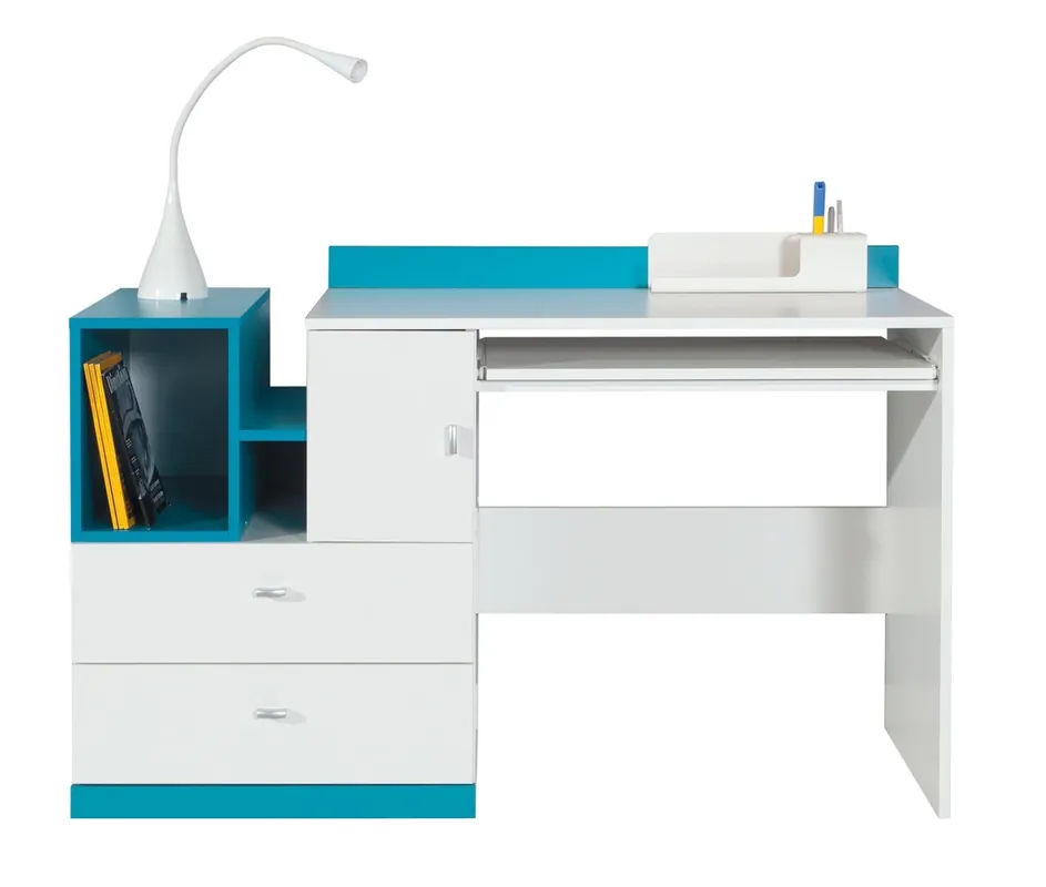 Billig Schreibtisch Mobi 130 cm weiß/türkis modernes Möbeldesign Tischkanten sind mit einem speziellen Furnier versehen