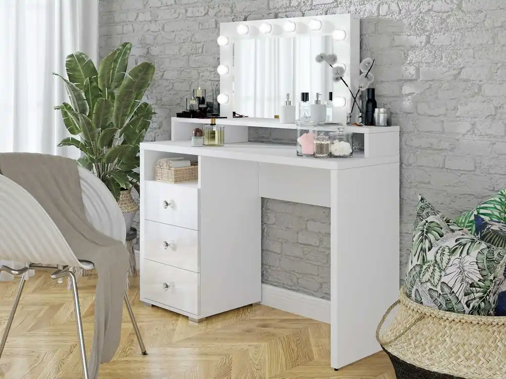 Schminktisch Diva 120 cm weiß glänzend mit LED-Beleuchtung rund um den Spiegel Eine elegante Lösung, um Ihre Kosmetika und sonstigen Utensilien zu ordnen Schneller Versand
