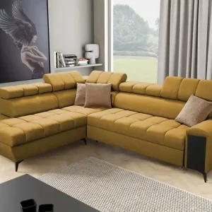 Direktkauf Ecksofa mit Schlaffunktion Bolmso VII Senfgelb links elegantes Ecksofa für Wohnzimmer mit Schublade und Bettzeugcontainer