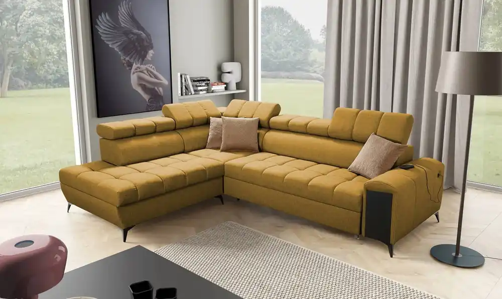 Direktkauf Ecksofa mit Schlaffunktion Bolmso VII Senfgelb links elegantes Ecksofa für Wohnzimmer mit Schublade und Bettzeugcontainer