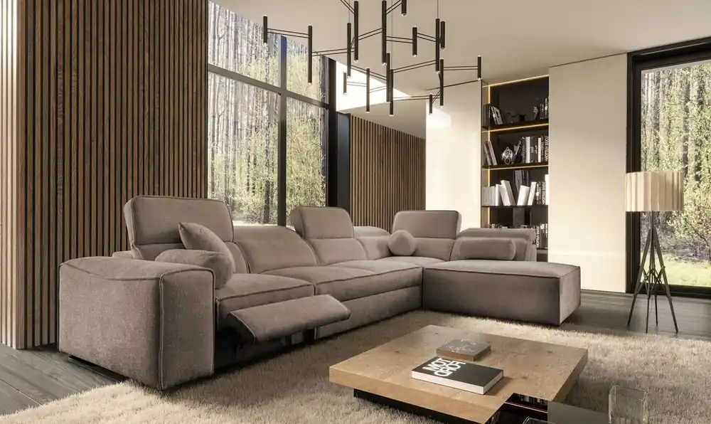 Abverkauf Ecksofa mit Schlaffunktion Viano XI Lux hellbraun rechtshändig Design-Ecksofa mit ausziehbarem Fußhocker und Bettzeugstaufach