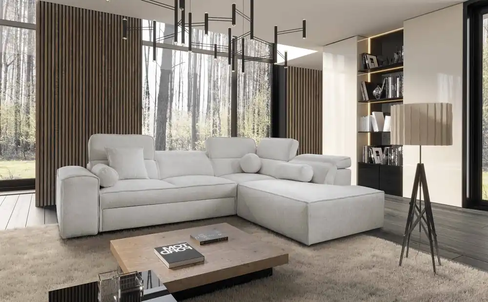 Wochenendangebot Ecksofa mit Schlaffunktion Viano VII grau Esche rechte Ecke trendy und stilvoll mit verstellbaren Kopfstützen Zierkissen