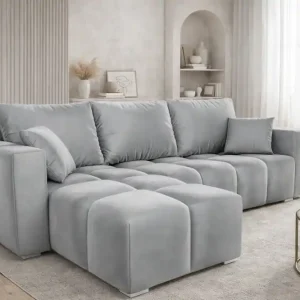 Neue Kollektion Ecksofa mit Schlaffunktion Linco hellgrau Universal Ecksofa mit modernem Design aus weichem Samtstoff