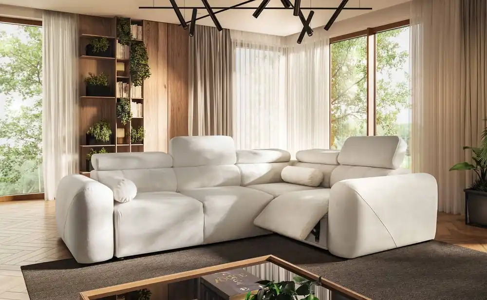 Ecksofa mit Schlaffunktion Cantare II Lux elfenbeinfarbenes rechtsseitiges Komfort-Ecksofa mit hochklappbarem Fußteil weicher Stoff Letzte Chance