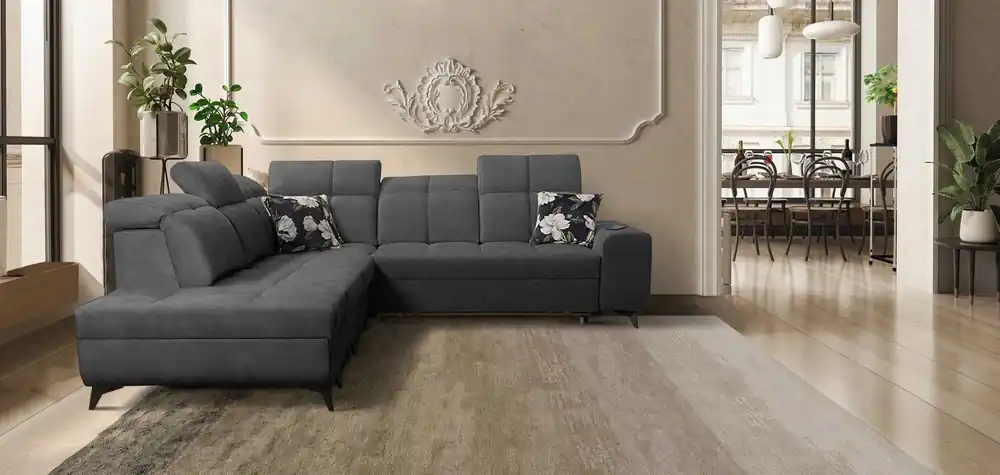 Sale Ecksofa mit Schlaffunktion Buffalo IX graphit linke Seite stilvolles Ecksofa für Zimmer aus Velourstoff Zierkissen
