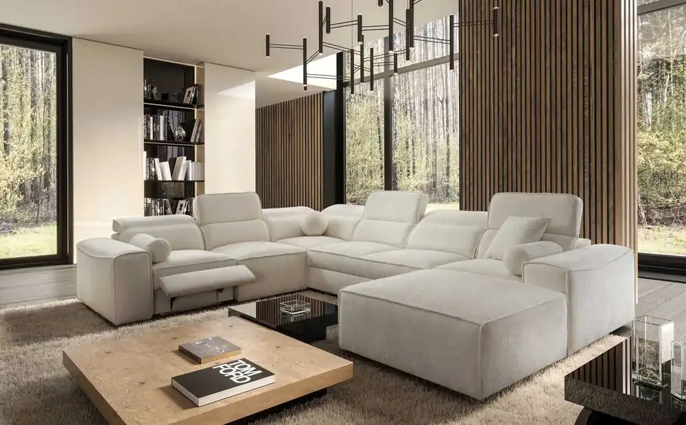 Ecksofa mit Schlaffunktion Viano VIII Lux creme rechts Design-Ecksofa mit ausziehbarem Fußteil Bettzeug-Container Preis Gesenkt