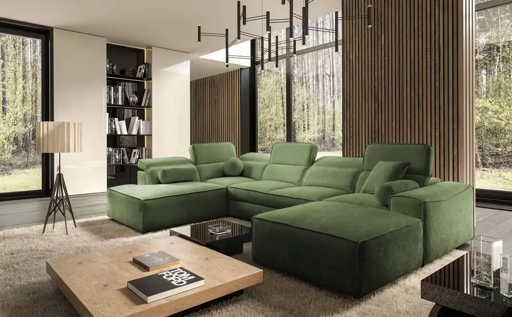 Ecksofa mit Schlaffunktion Viano VI grün rechts Design-Ecksofa für moderne Einrichtungen zwei Container für Bettzeug Letzte Chance