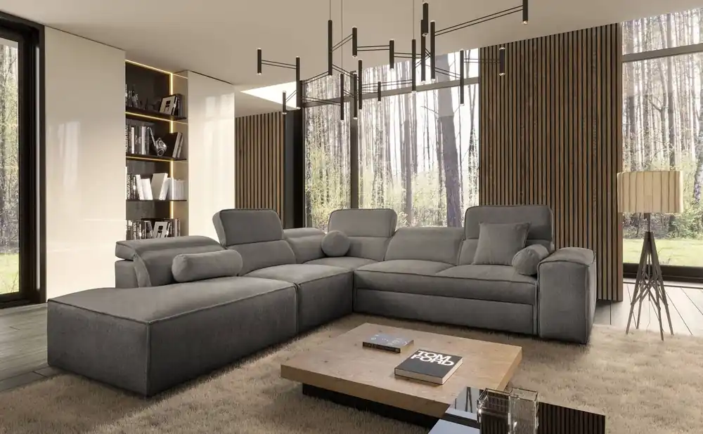 Neue Kollektion Ecksofa mit Schlaffunktion Viano IX grau linksseitig stilvolles Ecksofa mit Bettzeugcontainer ideales Möbelstück für ein großes Wohnzimmer