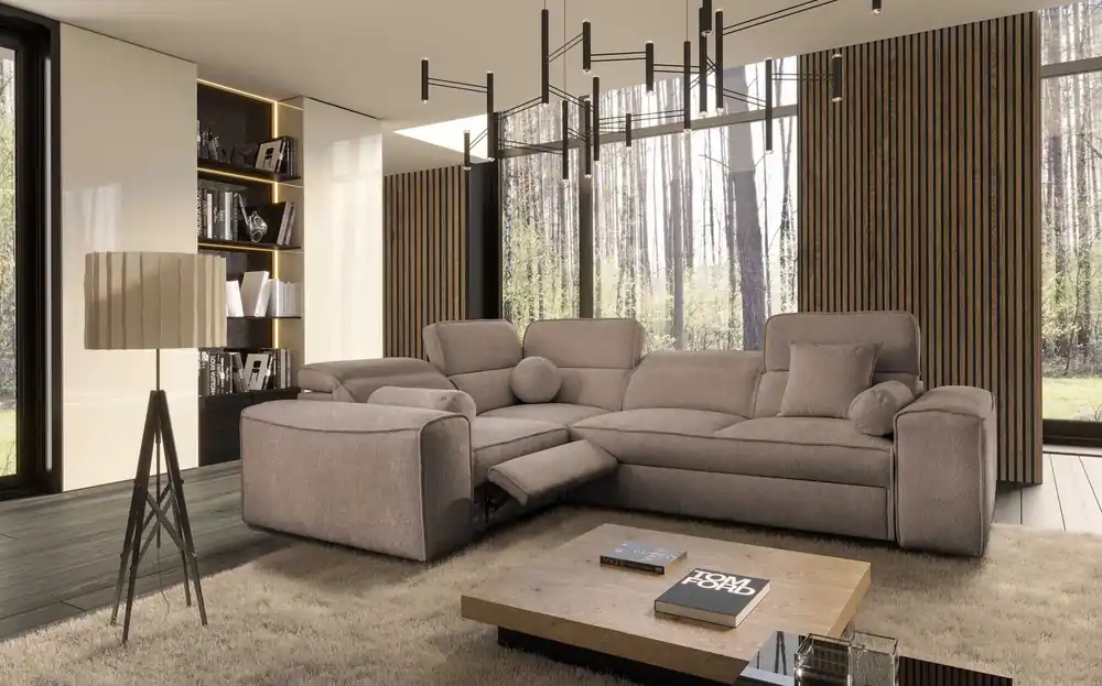 Ecksofa mit Schlaffunktion Viano II Lux hellbraun linkshändig Designer-Ecksofa für das Wohnzimmer mit komfortablem ausziehbarem Fußteil Angebot