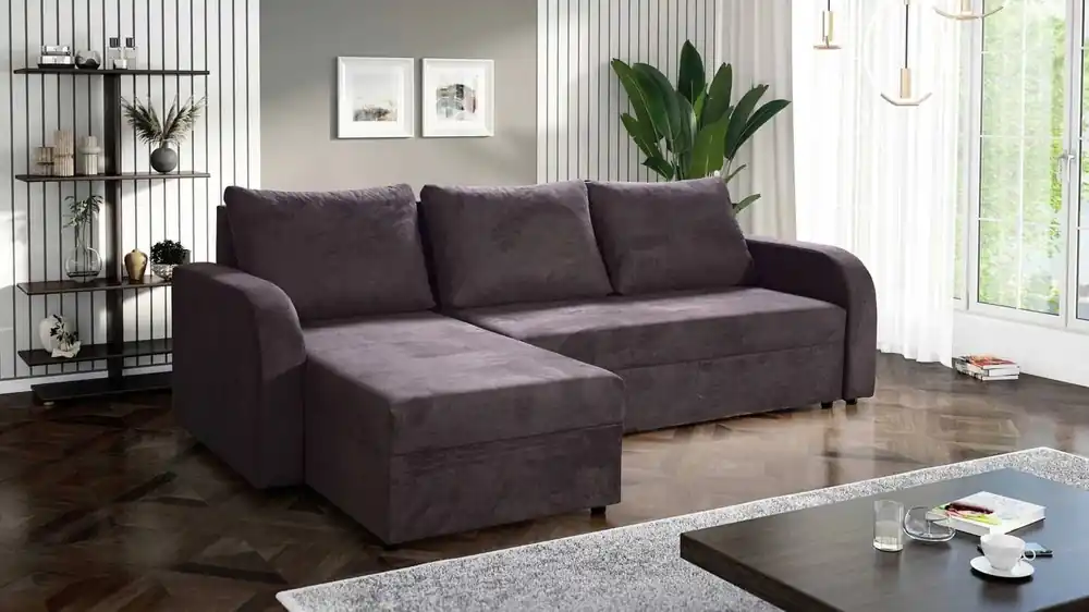 Ecksofa mit Schlaffunktion Scarlo schwarz Universal in Einstellung Ecksofa für Wohnzimmer aus strapazierfähigem Veloursstoff Echt