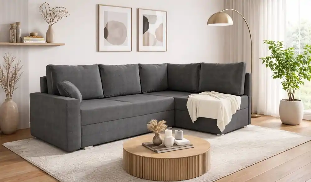 Saisonangebot Ecksofa mit Schlaffunktion Nofi dunkelgrau rechts Ecke modernes Design schlichtes und stilvolles Design passend zu jeder Einrichtung