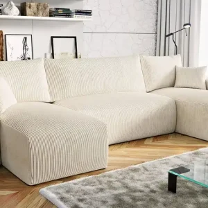 Ecksofa mit Schlaffunktion Fiesta U beige stilvolles Ecksofa mit interessanter Form strapazierfähiger Kordstoff Bettzeugcontainer Finale Aktion