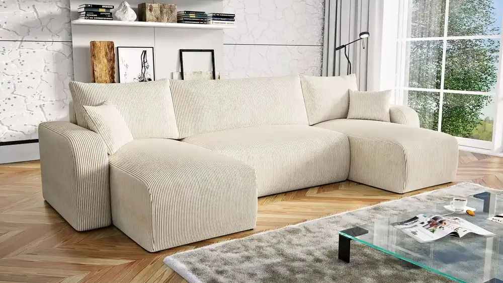Ecksofa mit Schlaffunktion Fiesta U beige stilvolles Ecksofa mit interessanter Form strapazierfähiger Kordstoff Bettzeugcontainer Finale Aktion