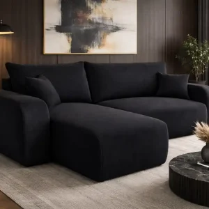 Direkt Vom Hersteller Ecksofa mit Schlaffunktion Fiesta schwarz universal in Einstellung Ecksofa für Wohnzimmer langlebig Plüsch Stoff Bettzeug Container