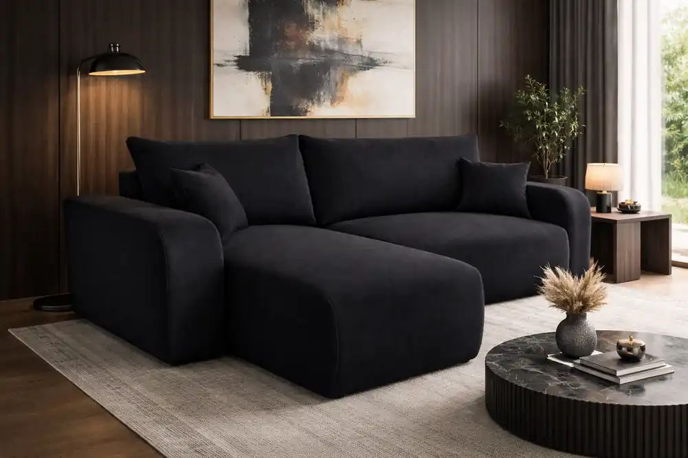 Direkt Vom Hersteller Ecksofa mit Schlaffunktion Fiesta schwarz universal in Einstellung Ecksofa für Wohnzimmer langlebig Plüsch Stoff Bettzeug Container