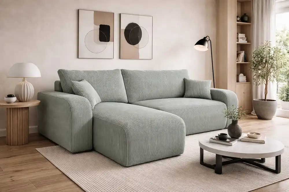 Neu Ecksofa mit Schlaffunktion Fiesta hellgrau universal Ecksofa für Wohnzimmer Cordstoff Bettzeug Container