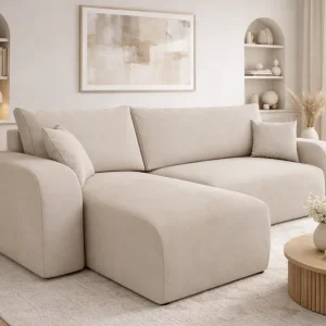Saisonangebot Ecksofa mit Schlaffunktion Fiesta hellbeige universal Ecksofa aus Stoff mit Plüschoberfläche Bettzeugcontainer
