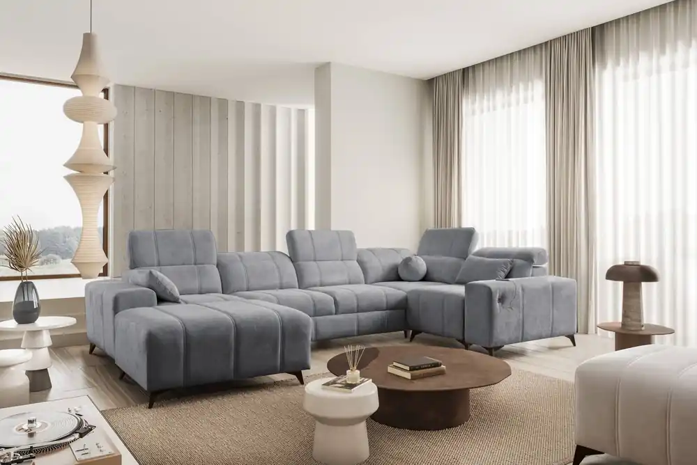 Markenprodukt Penejos IV Ecksofa mit Schlaffunktion grau linksseitig stilvolles Ecksofa mit zwei Bettkästen strapazierfähiger Stoff