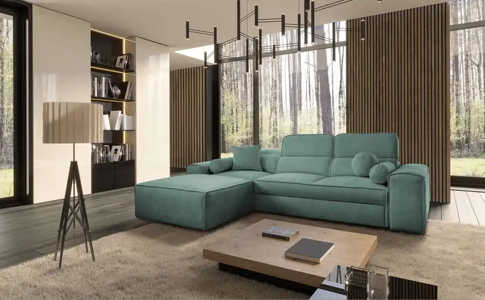 Sale Ecksofa mit Schlaffunktion Viano patina linke Seite stilvolles Ecksofa mit interessanter Form verstellbare Kopfstützen Zierkissen