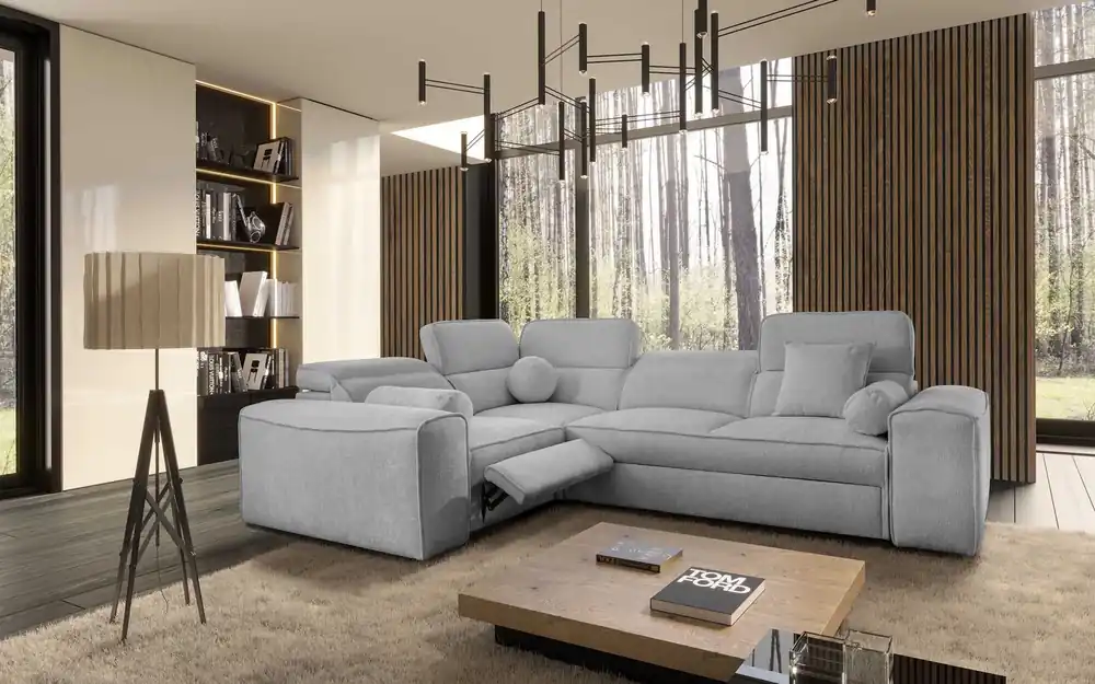 Ecksofa mit Schlaffunktion Viano II Lux hellgrau linkshändiges Designer-Ecksofa für das Wohnzimmer mit komfortablem ausziehbarem Fußteil Angebot