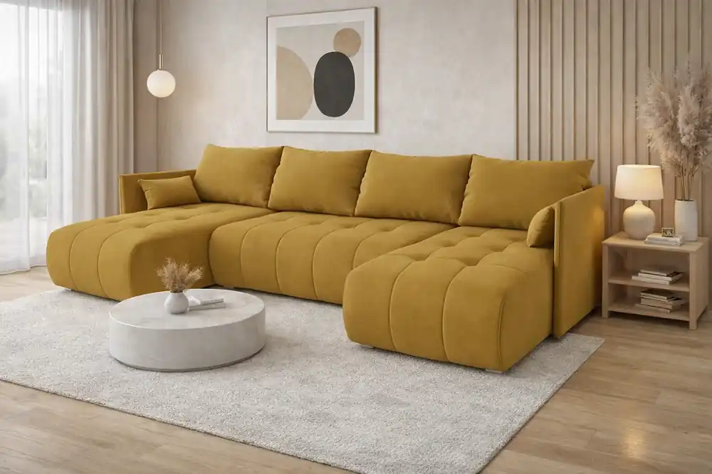 Ecksofa mit Schlaffunktion Selva U Senfgelb interessantes Ecksofa aus bequemem Plüschstoff Jetzt Kaufen
