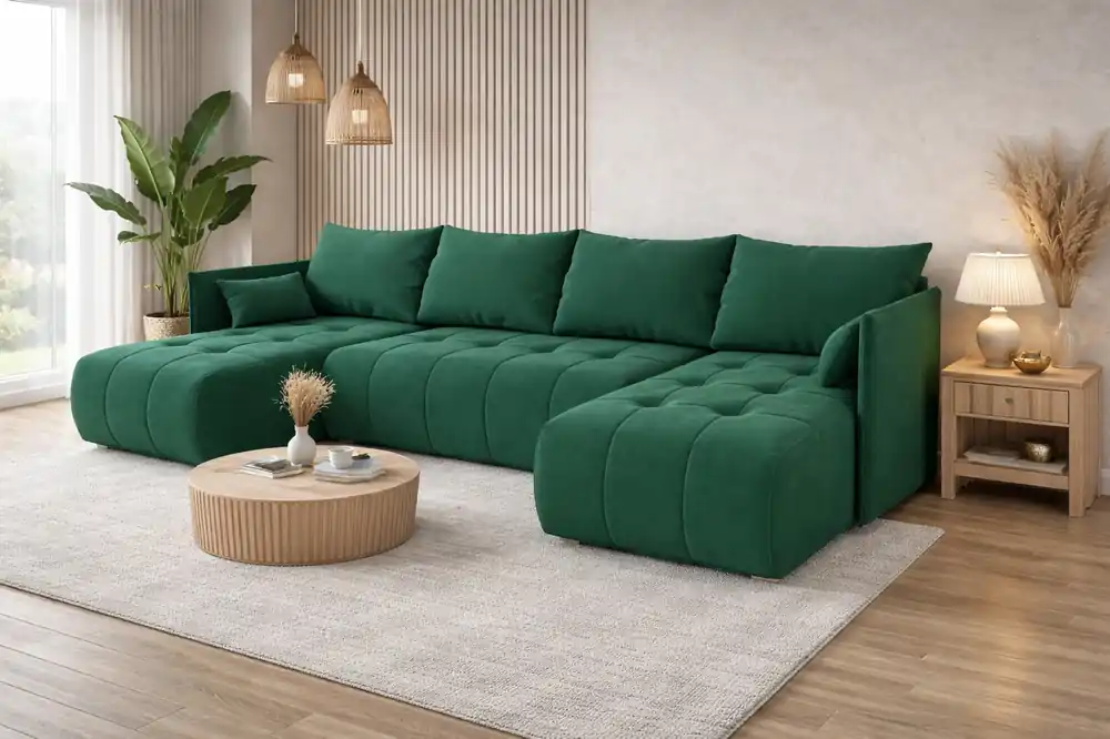Ecksofa mit Schlaffunktion Selva U Flaschen grün Interessantes Ecksofa aus bequemem Plüschstoff Expressversand