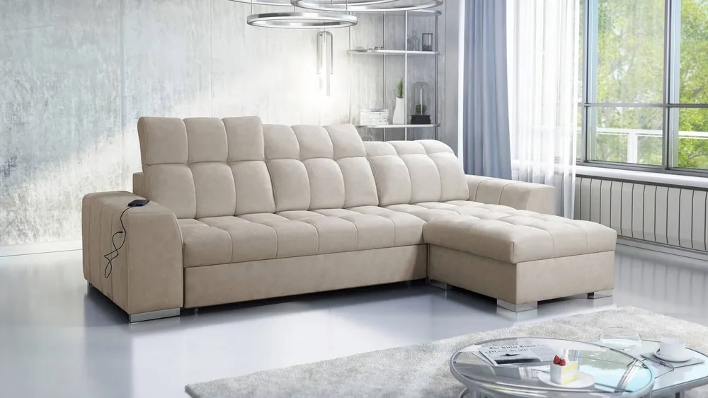 Ausverkauf Ecksofa mit Schlaffunktion Luigi beige rechtsseitiges Ecksofa mit zwei Bettkästen Stoff mit interessanter Struktur