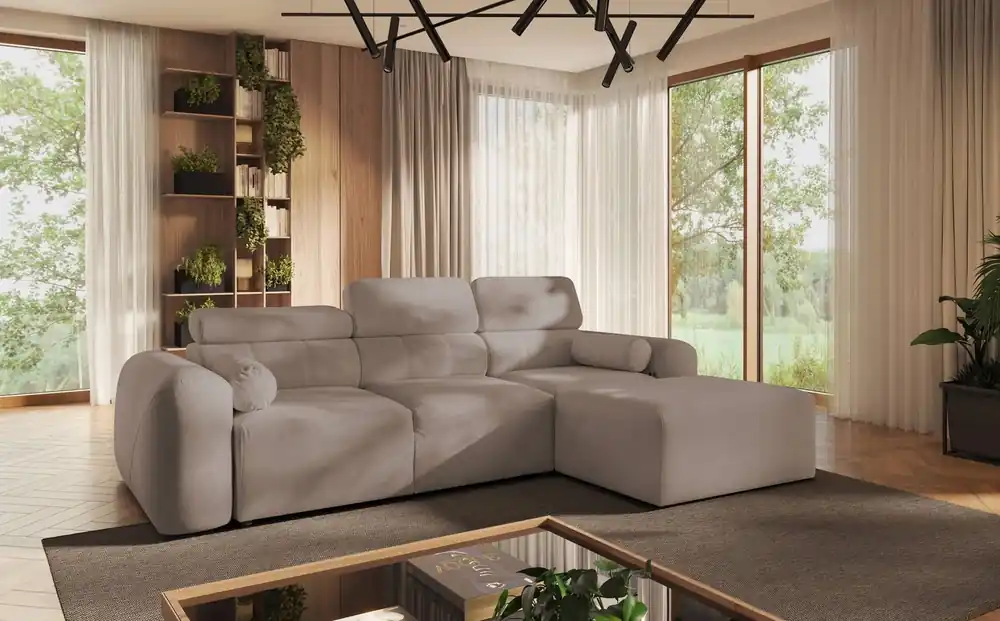 Neuheit Ecksofa mit Schlaffunktion Cantare dunkelbeige rechte Seite funktionelles und bequemes Ecksofa mit modernem Design Plüschstoff