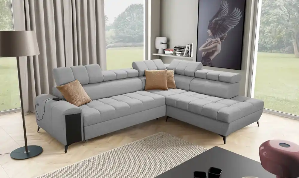 Ecksofa mit Schlaffunktion Bolmso VII grau rechte Ecke äußerst elegantes Ecksofa für Wohnzimmer mit Schublade und Bettzeugcontainer Top-Seller