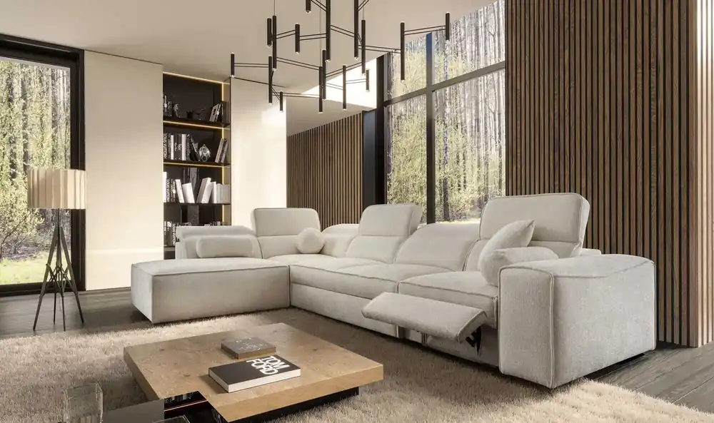 Rabatt Ecksofa mit Schlaffunktion Viano XI Lux cremefarben links Design-Ecksofa mit ausziehbarem Fußteil und Bettzeugstaufach