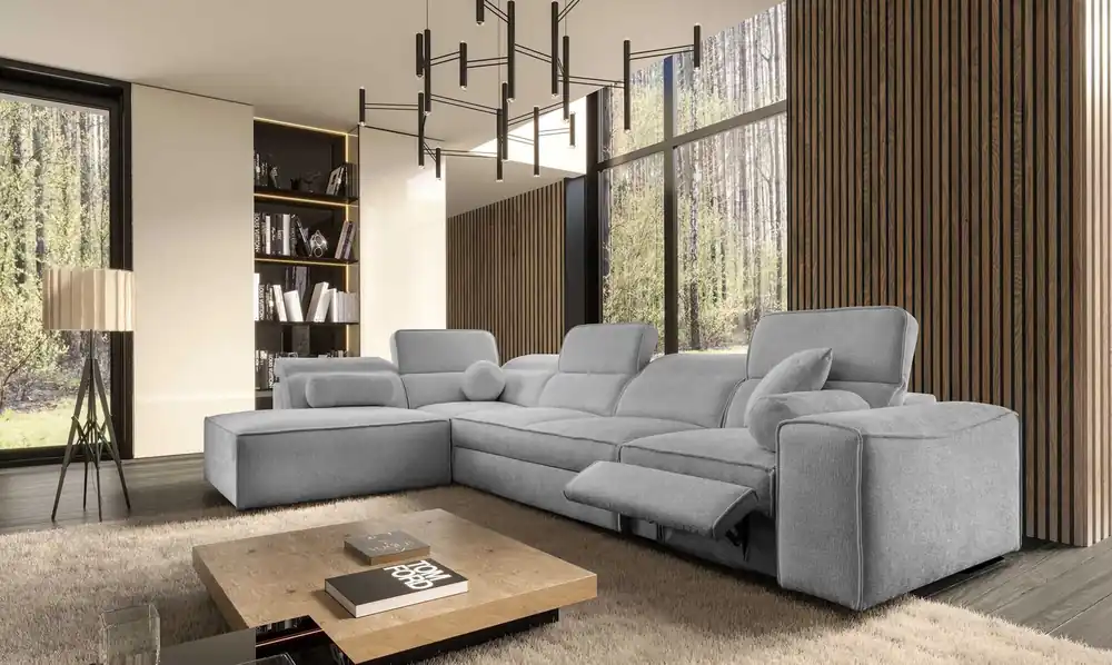 Saisonangebot Ecksofa mit Schlaffunktion Viano XI Lux hellgrau links Design-Ecksofa mit ausziehbarem Fußteil und Bettzeugstaufach