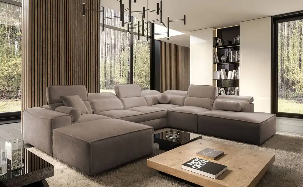 Highlight Ecksofa mit Schlaffunktion Viano X hellbraun links Design Ecksofa für Wohnzimmer im modernen Stil verstellbare Kopfstützen