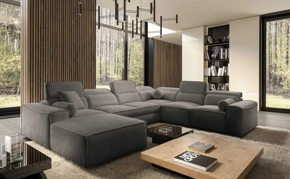 Ecksofa mit Schlaffunktion Viano VIII grau links modernes Ecksofa mit interessantem Design Container für Bettzeug Online Kaufen