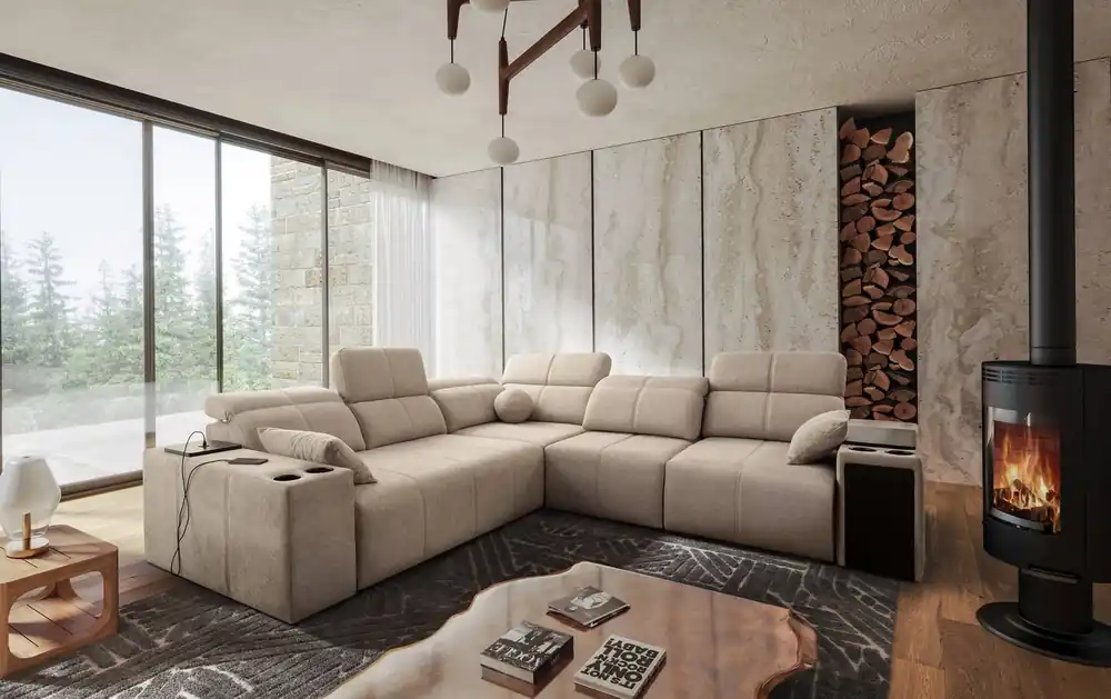 Direktkauf Ecksofa mit Schlaffunktion Tesalia III beige rechtsseitiges Komfort-Ecksofa mit verschiebbarer Rückenlehne zwei Container für Bettzeug