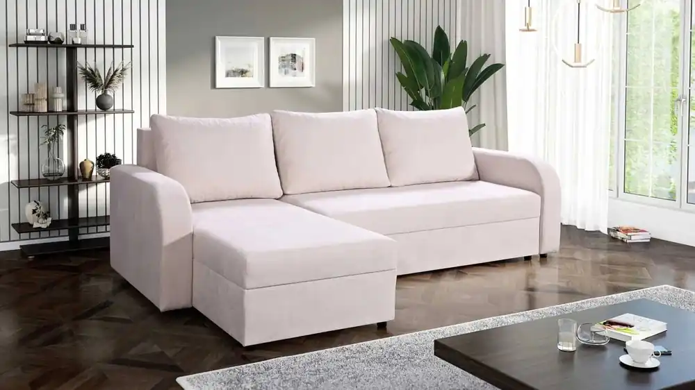 Ecksofa mit Schlaffunktion Scarlo beige universal in Positionierung Ecksofa für Wohnzimmer aus strapazierfähigem Veloursstoff Bestpreis