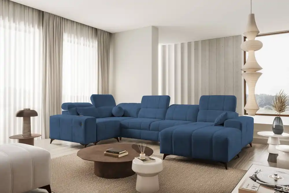 Aktuell Ecksofa mit Schlaffunktion Penejos IV blau rechtsseitig stilvolles Ecksofa mit zwei Bettkästen strapazierfähiger Stoff