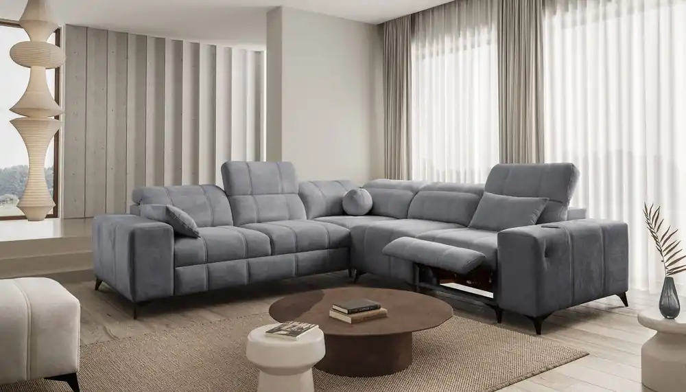 Markenware Ecksofa mit Schlaffunktion Penejos III Lux grau rechtsseitiges Komfort-Ecksofa für das Wohnzimmer mit ausziehbarem Fußteil Bettwäsche-Container